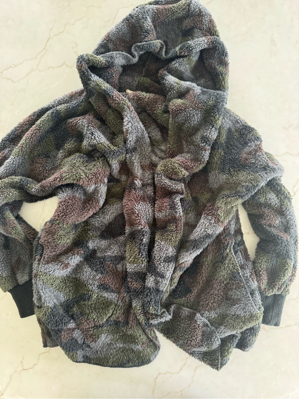 Hem & Thread Plush Hooded Jacket in Olive Green and Brown